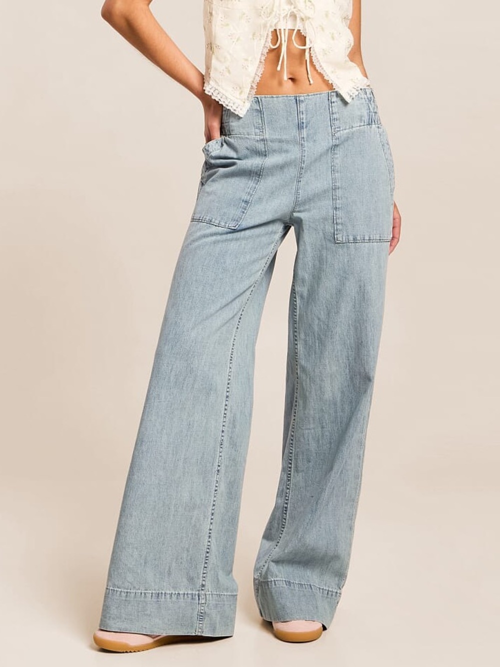 Free People We the Free Breezy Denim Pull On Wide Leg Jeans Light Denim Wash XS